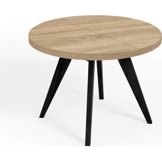Runder Ausziehbarer Tisch für Esszimmer, LORA, Loft-Stil, Skandinavische, Durchmesser: 90 / 140 cm, Farbe: Eiche Sonoma / Schwarz - Beige