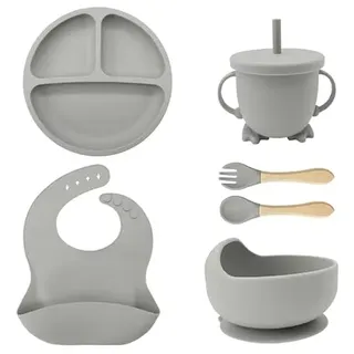 Eliano Sicheres & Rutschfestes Silikon Baby-Geschirrset - 6-teilig | Perfekt für die Beikosteinführung & Selbstständiges Essenlernen | Mikrowellen- und Spülmaschinenfest (Grau)