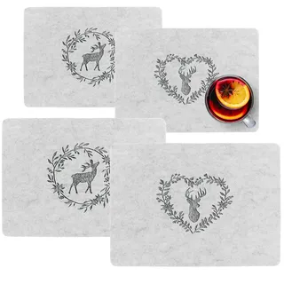 com-four® 4-teiliges Platzset Hirsch mit Ehrenkranz - Moderne Filz-Platzmatte im Vintage Design - Premium Tischset aus Filz - abwischbare Geschirr-Unterlagen (Platzmatte 4 Stück - Hirsch - grau)