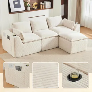 LVHOM Modulsofa 3-Sitzer Cord, L-Form Wohnlandschaft mit Getränkehalter & Seitentaschen, Big Sofa Couch, 256cm, Beige - Beige