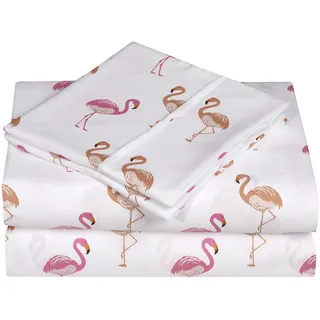 Elegant Comfort Ultraweiches, doppelt gebürstetes 4-teiliges Mikrofaser-Bettlaken-Set, schöne Tropische Muster und lebendige einfarbige Farben, Luxus, Ganzjahres-Bettlaken-Set – Flamingo, Twin