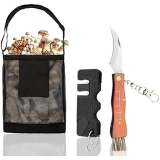 Tulov Pilzmesser mit Bürste, Pilzsammler Messer, Pilzsammeltasche, Messerschärfer, Edelstahl Taschenmesser, Klappmesser, Pilztasche, Pilzmesser Set Geschenk für Pilzsammler