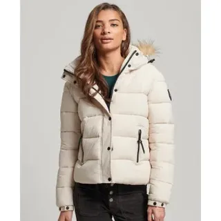 Superdry für Damen. W5011569A Kurze Steppjacke mit Kapuze und Kunstfellbesatz in Grau (M), Lässig, Polyester, Nachhaltig