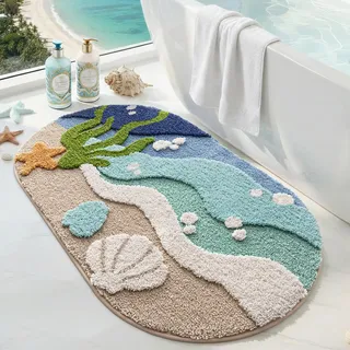 DEXI Ovale Badezimmerteppich 61 x 110 cm, Badematte rutschfest Absorbierende mit Seestern-Strand Muster, Cartoon waschbarer Badteppich für Duschboden, Schlafzimmer, Kinderzimmer, Beige Grün