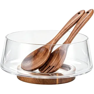 muso wood Salatschüssel Set - Groß Glas Salatschüssel mit Salatbesteck und Untersatz aus Akazienholz - Vielseitige Servierschüssel für Salat, Obst, Kartoffelsalat, Snacks und Familienessen, Partys