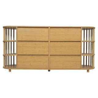 Sideboard 160 x 75 x 40 cm - Kommode - 6 Schubladen - Offene Bambusfächer - Säulendesign - Höhenverstellbare Füße - Bambus und MDF - Eiche