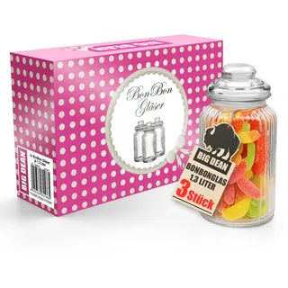 BigDean Bonbonglas 3x 1300ml Bonboniere Bonbonglas mit Deckel in Geschenkbox Vorratsgläser Spülmaschinfest Candy Bar Gläser - Transparent