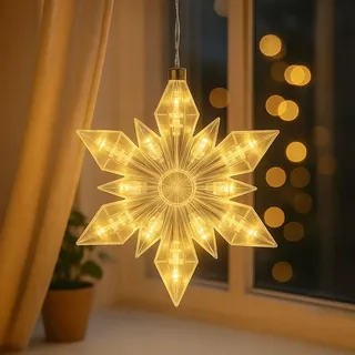 Ideen mit Herz LED-Eiskristall | Stern | 23 x 20 cm | 25 LED-Lämpchen | warmweiß | Indoor | transparent, klar | mit Timer-Funktion (6 Stunden AN | 18 Stunden AUS) | Fenster-Deko zu Weihnachten