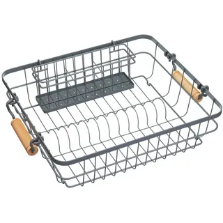 KitchenCraft Geschirr Abtropfgestell mit Besteckhalter und Holz-Griffen, Grau - 47 x 36 cm