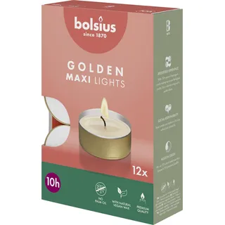 Bolsius Maxi-Teelichter mit goldenem Becher - 12 Stk. - 10 Stunden Brenndauer - Dekorative Haushaltskerzen - Unparfümiert - Mit Natürlichem Pflanzenwachs - Ohne Palmöl, Gold