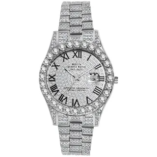 OIDEA Uhren Herren Armbanduhr mit Strass: Silber Herrenuhr Analog Quarz Uhr Kalender Glitzer mit Römische Zifferblatt Casual Metallarmband Geschenk für Männer Freund