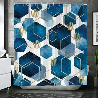 hometrixx Modern Duschvorhang Geometrisch Fliesen 180x200cm Dunkel Blau | Wasserdicht Polyester, Maschinenwaschbar, Badevorhänge mit 12 Ringe, Schimmelresistent Badezimmervorhang für Dusche Bad