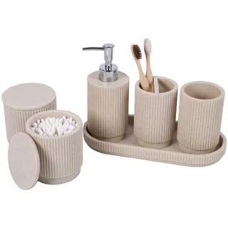 Sapisecret Badezimmer Set 6-teilig – Seifenspender + Zahnputzbecher mit Tablett & Wattestäbchenbox – Streifen-Design Hochwertiges Harz – Inkl (Beige)