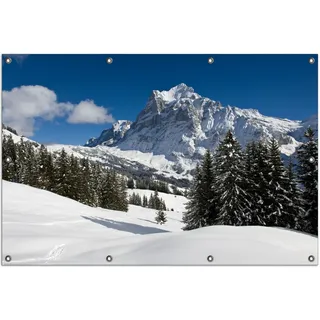 Wallario Outdoor-Poster für Garten oder Balkon, Motiv Verschneiter Berghang unter blauem Himmel, in ca. 100 x 150 cm - Blau