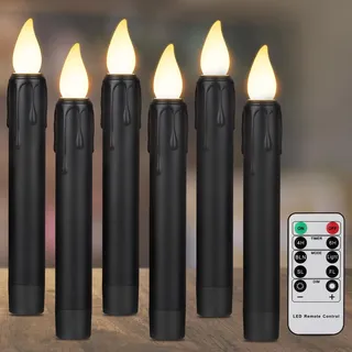 ZIYOUDOLI 6er Schwarz Led Stabkerzen mit Fernbedienung Timer Batteriebetriebene Led Stabkerzen Fensterkerzen Tropfendem Wachs Kerzen Halloween Heimdekoration