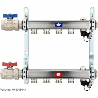Heizkörperverteiler aus Edelstahl für 4 Heizkreise - mit Anschlussset waagrecht