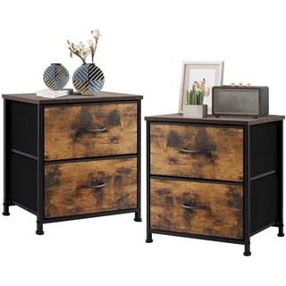 DUMOS Nachttisch 2er Set Beistelltisch Stoff Schubladenschrank Schmal Schrank Kommode Schlafzimmer Industrial Stil für Wohnzimme Kinderzimmer Flur Aufbewahrungsschrank