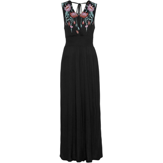 Maxikleid BUFFALO "mit Druck am Vorderteil und Bindeband hinten", Damen, Gr. 38, N-Gr, schwarz, Jersey, Obermaterial: 100% Viskose, bedruckt, figurumspielend bodenlang, V-Ausschnitt, Kleider Maxikleid, langes Sommerkleid, Jerseykleid, Boho-Kleid, casual-chic, Topseller