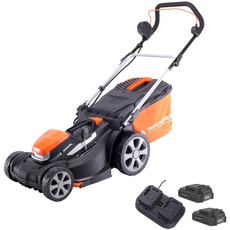 Yard Force Rasenmäher, kabellos, 37 cm, mit 2 Lithium-Ionen-Akkus 20 V, 2,5 Ah und Schnellladegerät LM C37-EU, Orange, Schwarz, Grau