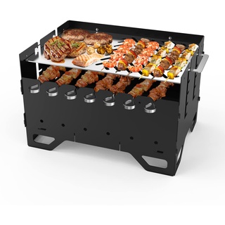 Onlyfire Mobiler Mangal Kohlegrill | Schaschlik Grill mit Plancha Grillplatte & 7 Spieße, 2 in 1 Tragbarer BBQ Holzkohlegrill - Ideal für Schaschlik, Kebab und Gemüse, 53 x 34 x30 cm