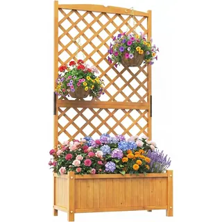 GOPLUS Blumenkasten mit Rankgitter, Hochbeet mit Spalier, Pflanzkasten Holz mit Abflussloch, Pflanzkübel mit Sichtschutz, Gartenbeet für Kletterpflanzen, für Garten & Balkon, 90x45x180,5 cm (Natur2)