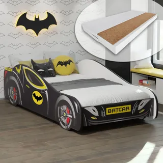 Autobett 70x140 cm Kinderbett mit Matratze Jugendbett mit Rausfallschutz | Kinder Spielbett Batman Batmobil Bat Car Auto Bett in schwarz - Schwarz