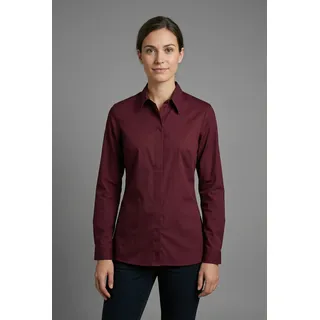 Langarmbluse BONPRIX "Long-Stretch-Bluse", Damen, Gr. 46, rot (ahornrot), Obermaterial: 72% Baumwolle, 26% Polyamid, 2% Elasthan, festlich, loose fit, Blusen Langarmbluse, lockere Passform, mit Stehkragen, mit verdeckter Knopfleiste