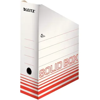 Leitz Solid Box Archiv Stehsammler, 100 mm Rückenbreite, Archivboxen zur Aufbewahrung von Zeitschriften und Mappen im A4- und US-Format, Zeitschriftensammler Pappe, 10 Stück, Weiß/Rot, 46070020