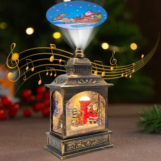 Weihnachts Schneekugel Laterne mit Zeitschaltuhr, Beleuchtete USB/batteriebetriebene Wirbelnde Singende Wasserlaterne mit Projektion, Schneekugel Laterne für Erwachsene Kinder, Weihnachtsdekoration