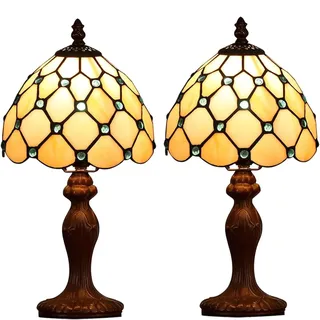 FUMAT Tiffany Tischlampe, Retro Deko Lampe Tischleuchte Nachttischlampe, Bunte Glas Lampenschirm, Mit E27 LED Glühbirne, für Schlafzimmer Wohnzimmer (2 Stück White Perle)