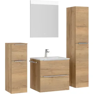 Nobilia Badezimmer , Eichefarben, Edelstahlfarben , Metall , 5-teilig , 5 Fächer , 3,2 Schubladen , F , 121 cm , Goldenes M, Made in Germany , Griffeauswahl, hängend, Zusatzausstattung erhältlich, Typenvielfalt , Badezimmer, Badmöbelsets & Badmöbelserien, Badmöbel-Sets