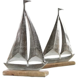 Logbuch-Verlag maritimes Deko Set 2 Segelschiffe aus Metall & Holz Segelboot Figuren Geschenk silberfarben Geschenkidee Segler