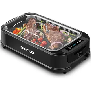CUSIMAX Elektrogrill 1500W Tischgrill Elektrisch mit Deckel für den Innen- und Außeneinsatz, elektrische grill mit einstellbare Temperatur, herausnehmbare Ölauffangschale und Grillplatte, Schwarz