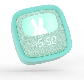 Wecker mit Nachtlicht Billy Clock - Kinderwecker Hase - Vorderseite Stoff - Soft-Touch Silikon-Rahmen - Digitaler Lichtwecker mit Datum, Uhrzeit & 3 Weckfunktionen - Variable Helligkeit - Blau - Mob