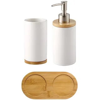 Badezimmer Zubehör Set, Keramik Badezimmer Accessoires Set, Shampoo Lotion Handseifenspender, inklusive Zahnbürstenhalter, Seifenspender mit Pumpe, Zahnputzbecher, 400ML(Weiß)