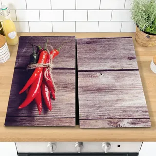 GEEZY Herdabdeckplatten Serviertablett 2tlg Motiv Chili, Glas, 52 cm x 30 cm, Rot