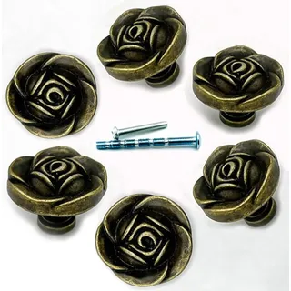 6 Stück Antik-Bronze Schubladen-Rosenknöpfe Solid-Schwer-Vintage-Blumen Dresser-Knopf Mid-Century-Retro-Metall-Schrank-Dekor-Gebronzt (Rose) - Bronze