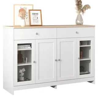 Flieks Sideboard Weiß Holz 4 Türen 2 Schubladen Glas modern , Holzwerkstoff , 37x80x120 cm , Kleinmöbel, Kommoden, Sideboards