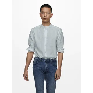 Langarmhemd ONLY & SONS "ONSCAIDEN LS SOLID LINEN MAO SHIRT NOOS", Herren, Gr. M, N-Gr, blau (cashmere blau), Web, Obermaterial: 55% Baumwolle, 45% Leinen, unifarben, slim fit, Rundhals, 2-Knopf-Manschette, Hemden Langarmhemd