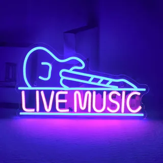 ineonlife Live Music Neon Schild Blau Gitarre Led Schild Wanddeko für Bar | Live Musik 5-Stufiges Led Schriftzug USB Guitar Leuchtschild Geschenk, 24 X 42 cm Neon Sign für Live Club,Musikstudio,Party
