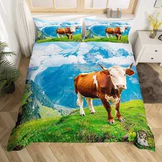 Kühe Trösterbezug Grünland Kuh Bettbezug Für Kinder Jungen Mädchen Bauernhaus Tier Bettwäsche Set Schnee Berg Natur Bettwäsche Mit 1 Kissenbezug 135x200 Grün Blau Braun
