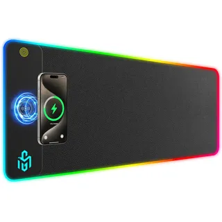 GIM PU-Leder kabelloses Ladekissen RGB Gaming Mauspad 15W, LED Mausmatte 800x300x4MM, 10 Lichtmodi extra großes Mauspad mit Rutschfester Gummibase Computer-Tastaturmatte für Gaming (Schwarze-PU)