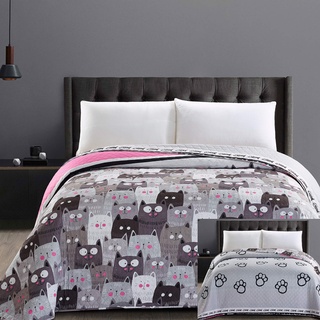 DecoKing 32367 Tagesdecke 240x260 cm Mikrofaser Bettüberwurf Steppung zweiseitig pflegeleicht beige Hellbraun kakaobraun braun grau Stahl anthrazit Grafit schwarz weiß rosa Katzen Cats' Invasion