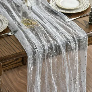 Artoid Mode Gaze Tüll Glitter Folie Weiß Silber Tischläufer 70x300 cm, Küche Tisch Dekoration Drinnen Urlaub Party Geburtstag Dekor