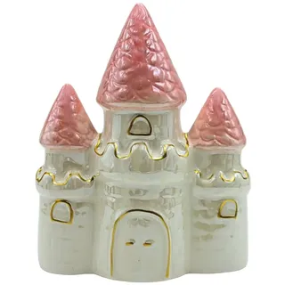 Sparfigur, Sparburg, Prinzessinnen Spardose, Sparbüchse, Kinderspardose, Märchenschloss, Sparschwein als Prinzessinenschloss, Dekoburg mit Sparfunktion aus Keramik in weiß-rosa, L/B/H 15 x 7 x 18 cm.