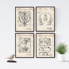 Nacnic 4 poster pack mit plattenspieler patenten | posterset mit erfindungen und alten werkzeugen | bilder von drehscheiben und dj-kopfhörer | größe a4.