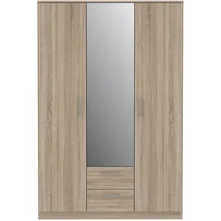 Forte NIKO Schrank 120 130, Kleiderschrank mit Spiegel, Drehtürenschrank Skandinavisch 3-türig, mit 2 Schubladen, Einlegeböden und Kleiderstange, Sonoma Eiche, 123 cm breit x 185 cm hoch x 53 cm tief