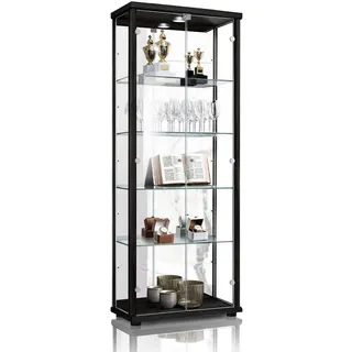 K-Möbel Vitrine 33/67/176 cm mit Spiegel, Led, Schloss & 4 höhenverstellbaren Glasböden , Schwarz , Holzwerkstoff , Rechteckig , 67x176x33 cm , Esszimmer, Vitrinen, Vitrinenschränke