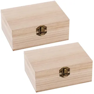 FSSTUD Unlackierte Holzkisten, kleine Holz-Aufbewahrungsbox, unlackiert, Schmuckkästchen, Schatztruhe, Partyboxen, Bastelholzkisten mit Scharnierdeckel und Front-Verriegelungsverschluss, 2 Stück