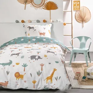 Familando Safari Bettwäsche Set 2-teilig 135x200 80x80 cm – Kinderbettwäsche Afrika Tiere Löwe Elefant Giraffe Zebra - 100% Baumwolle mit Wendemotiv – Atmungsaktiv & hautfreundlich - Öko-TEX